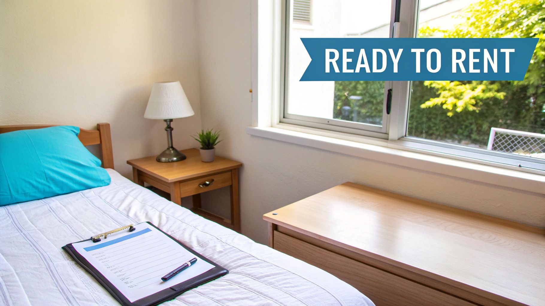 A furnished bedroom with a bed, nightstand, and desk, ideal for rent or student living.