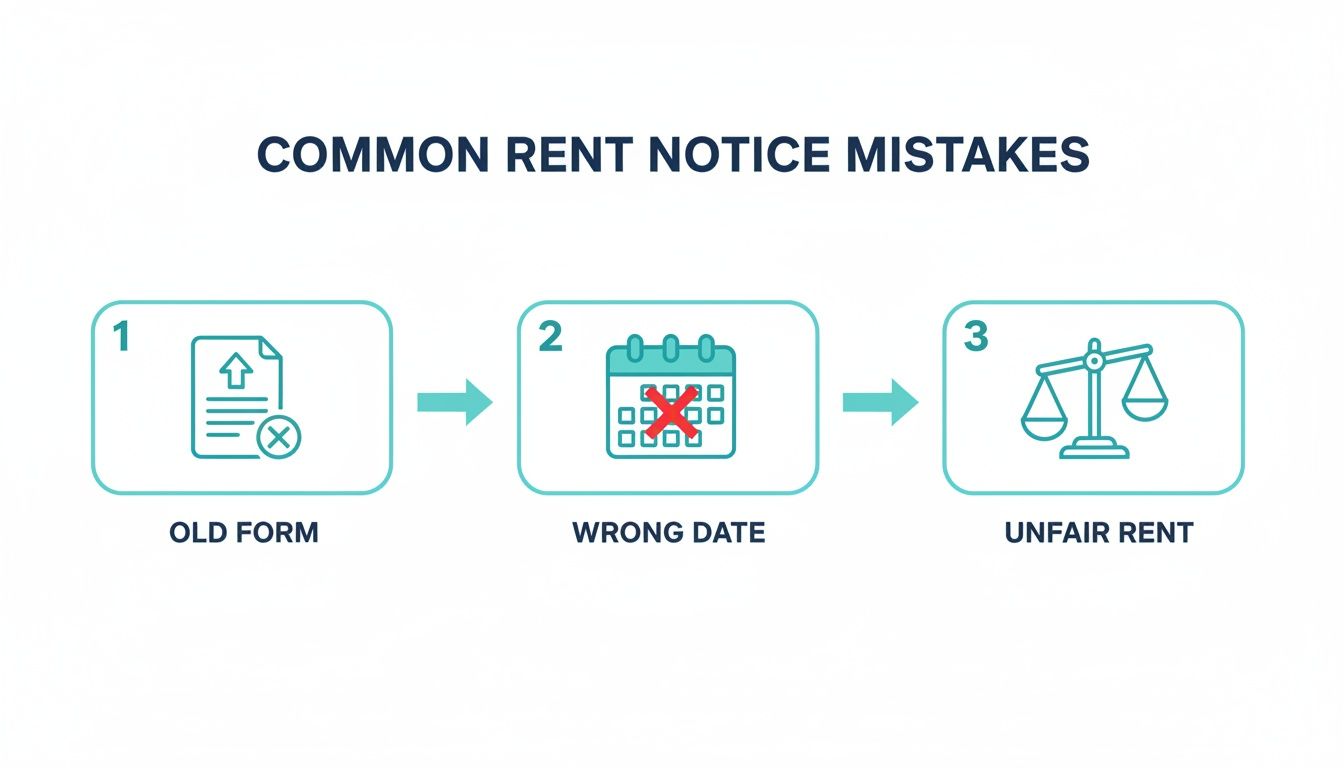 Infographic showing common rent notice mistakes: using an old form, wrong date, and unfair rent.