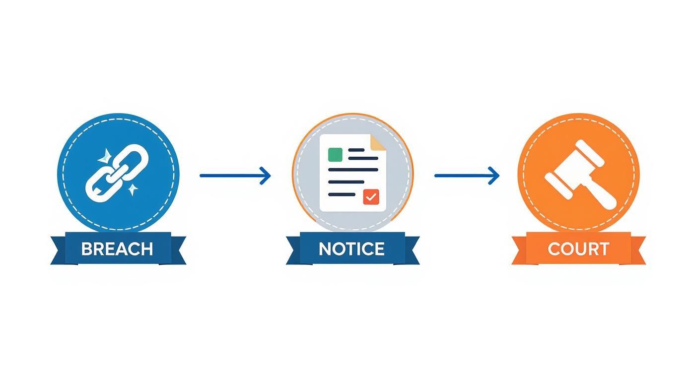 Flowchart showing the legal process: Breach (broken chain), Notice (document), and Court (gavel).