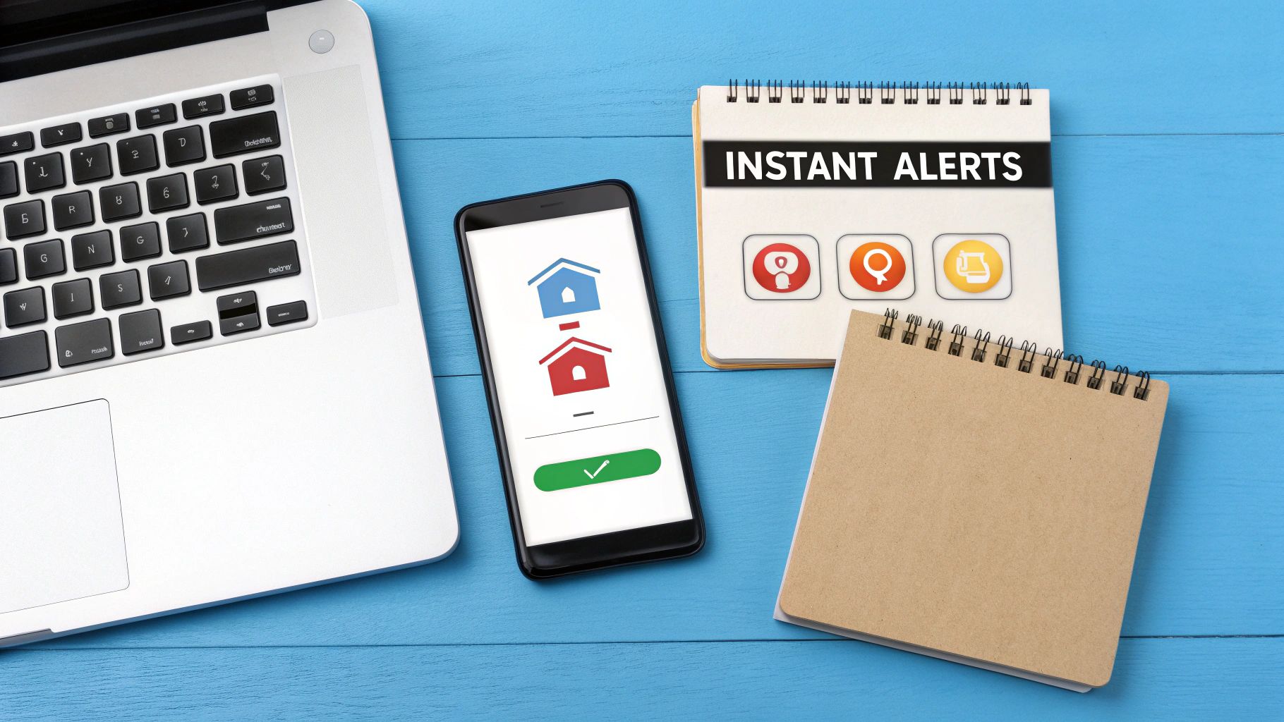 Overhead view of a laptop, smartphone with house icons, and notebooks on a blue wooden desk.