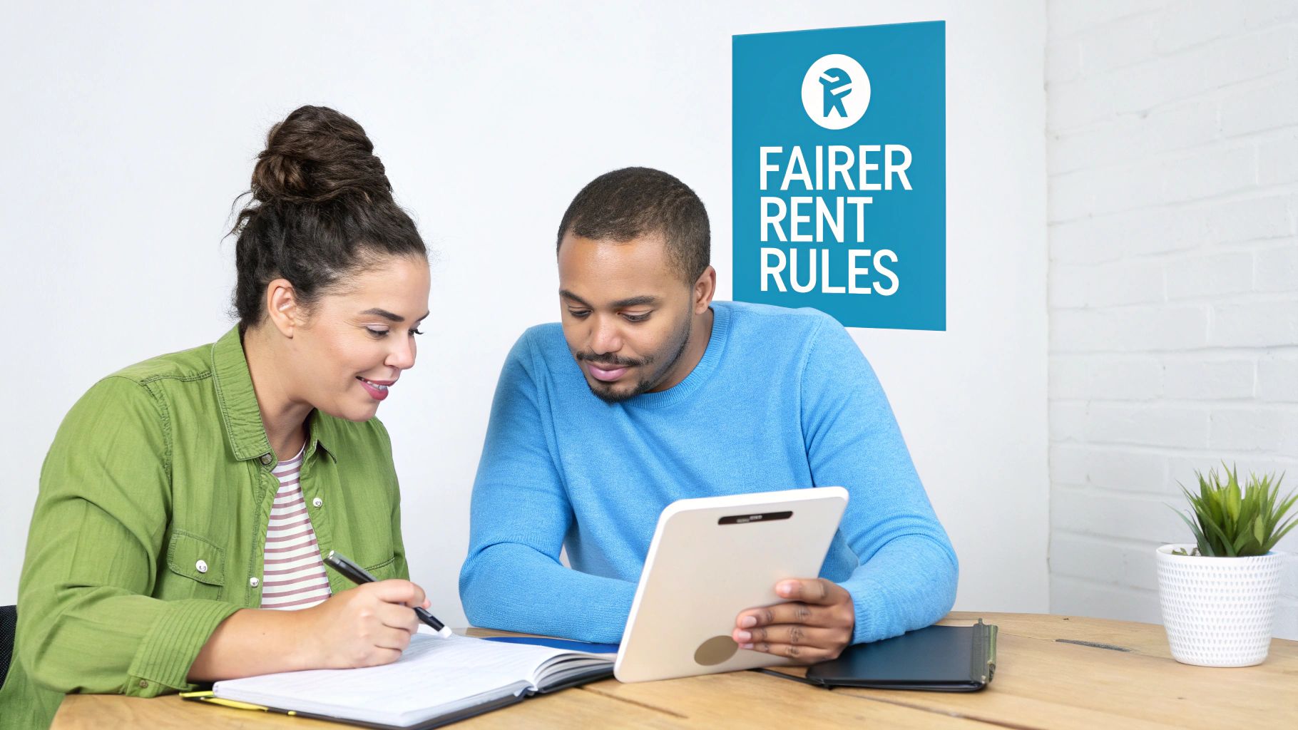 Two diverse individuals discuss documents and a tablet, with a 'FAIRER RENT RULES' sign behind them.