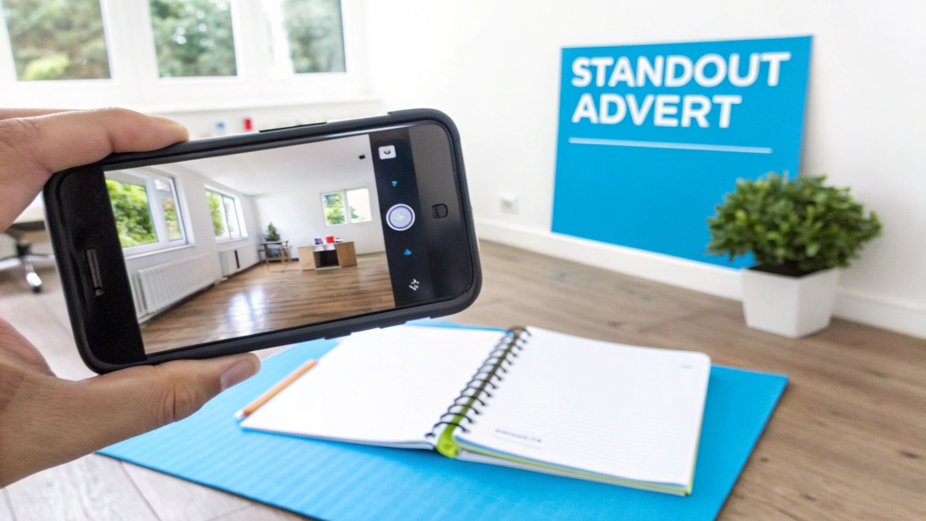 A hand holds a smartphone showing a virtual tour of an empty room, with a 'STANDOUT ADVERT' sign nearby.