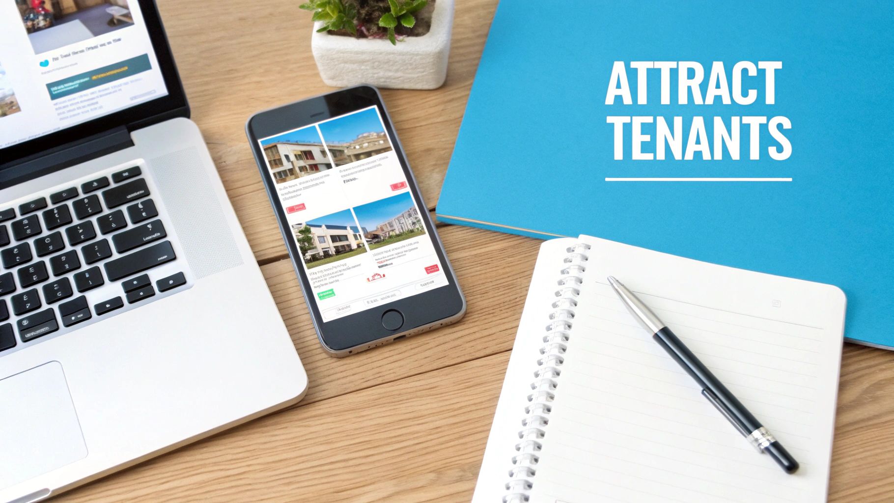 A flat lay of a desk with a laptop, smartphone displaying property listings, and a blue folder with 'ATTRACT TENANTS' text.