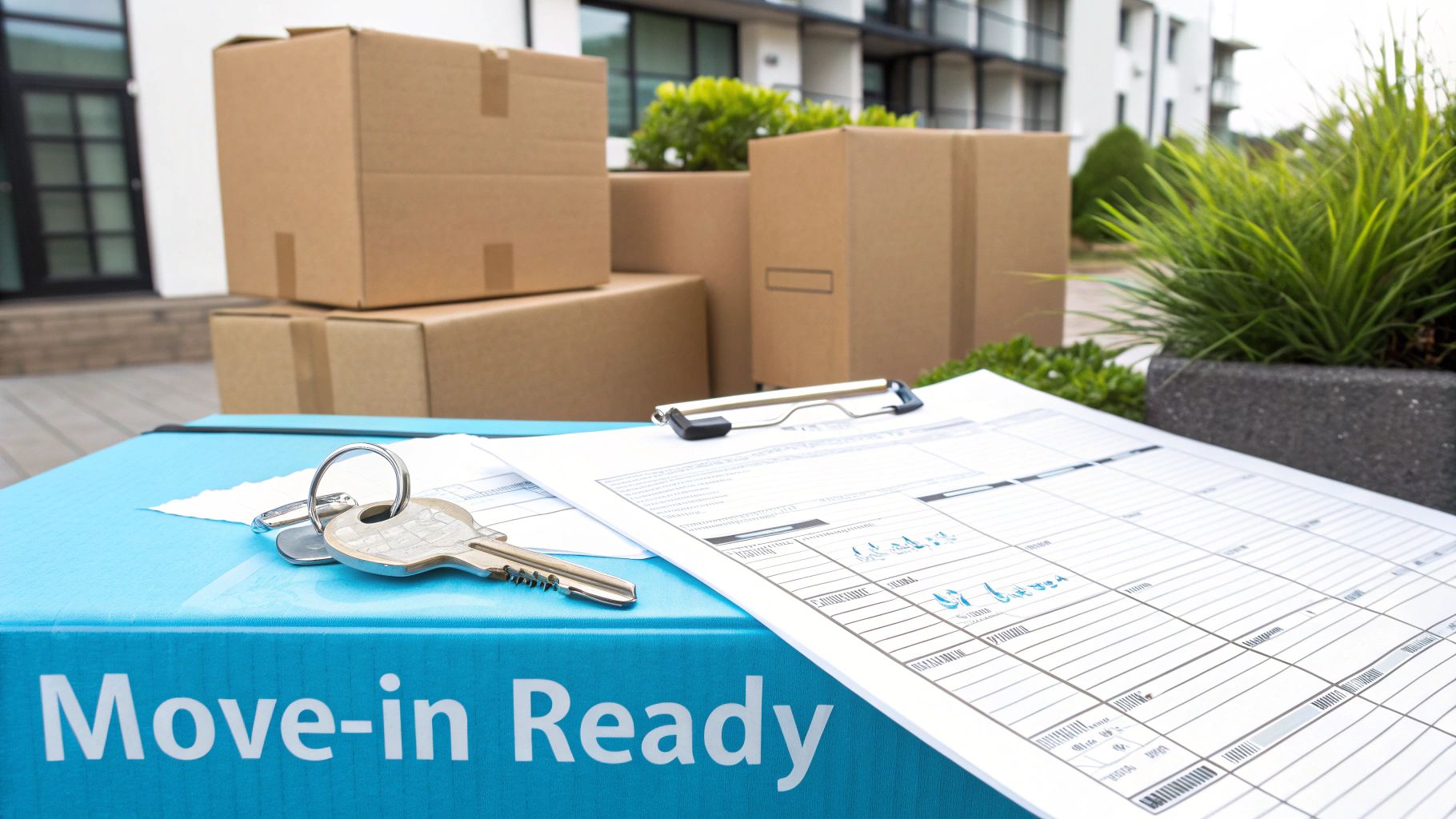 A person signing a rental agreement at a wooden table, with keys and a houseplant nearby.