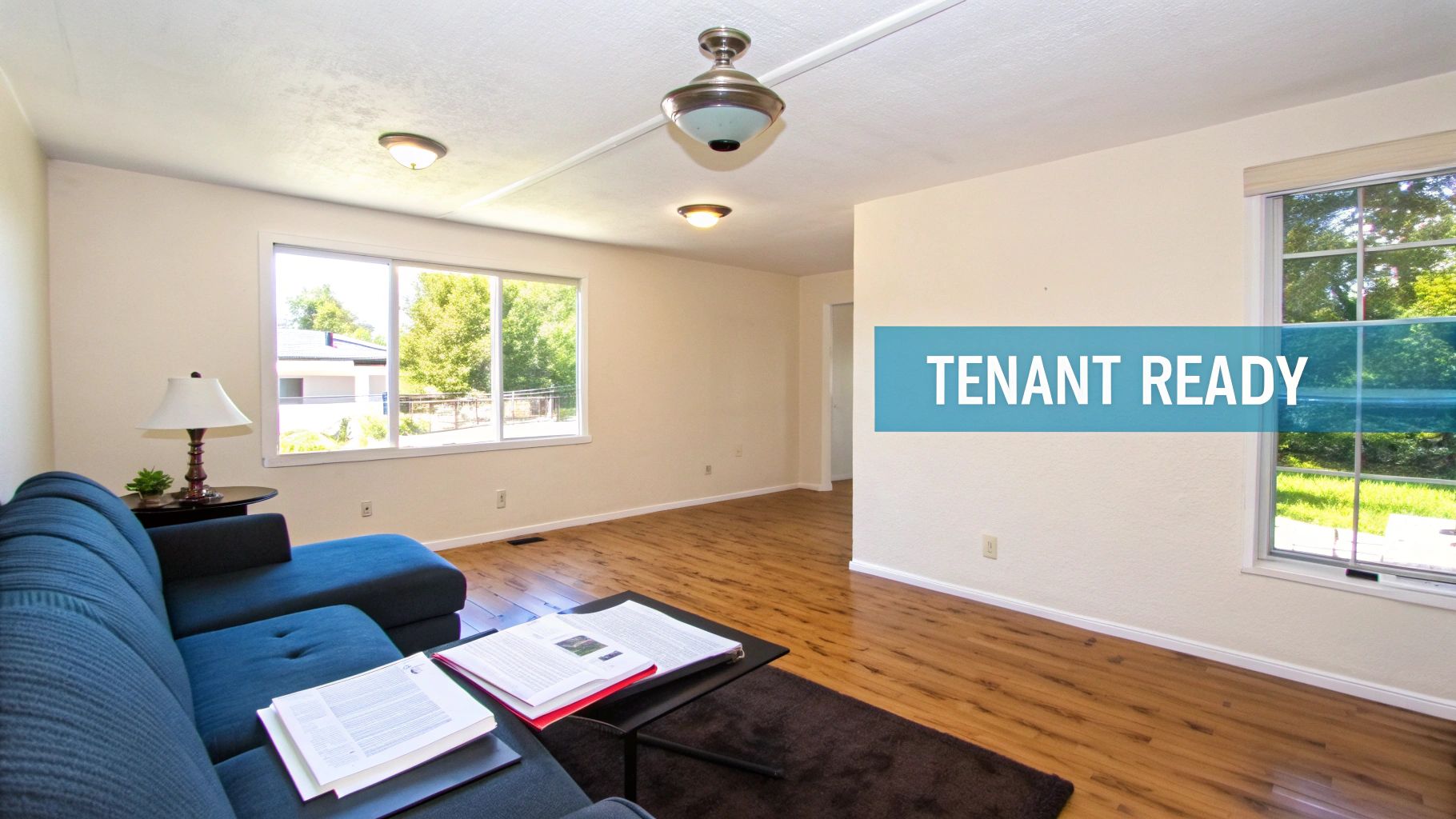 A bright living room with a blue sectional sofa, wood flooring, and large windows. An overlay says 'TENANT READY'.