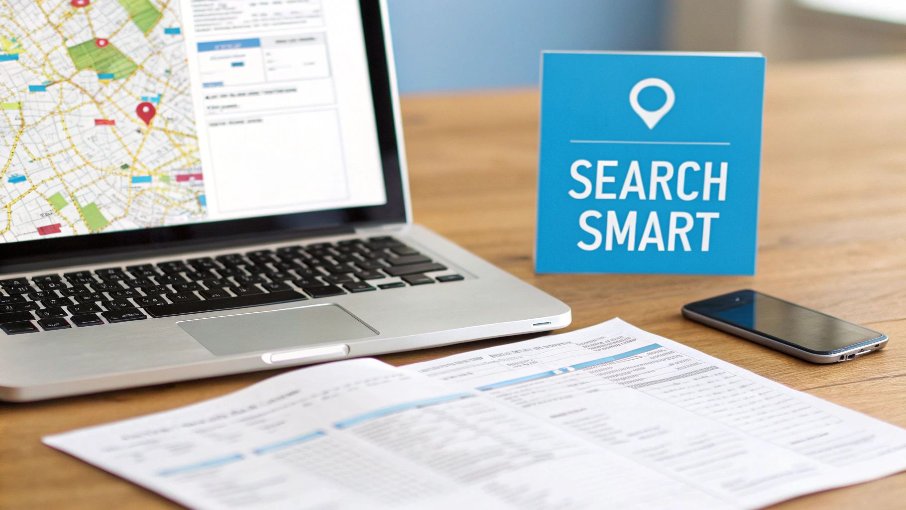 A laptop displaying a map with a red pin, a 'SEARCH SMART' sign, a smartphone, and documents on a wooden desk.