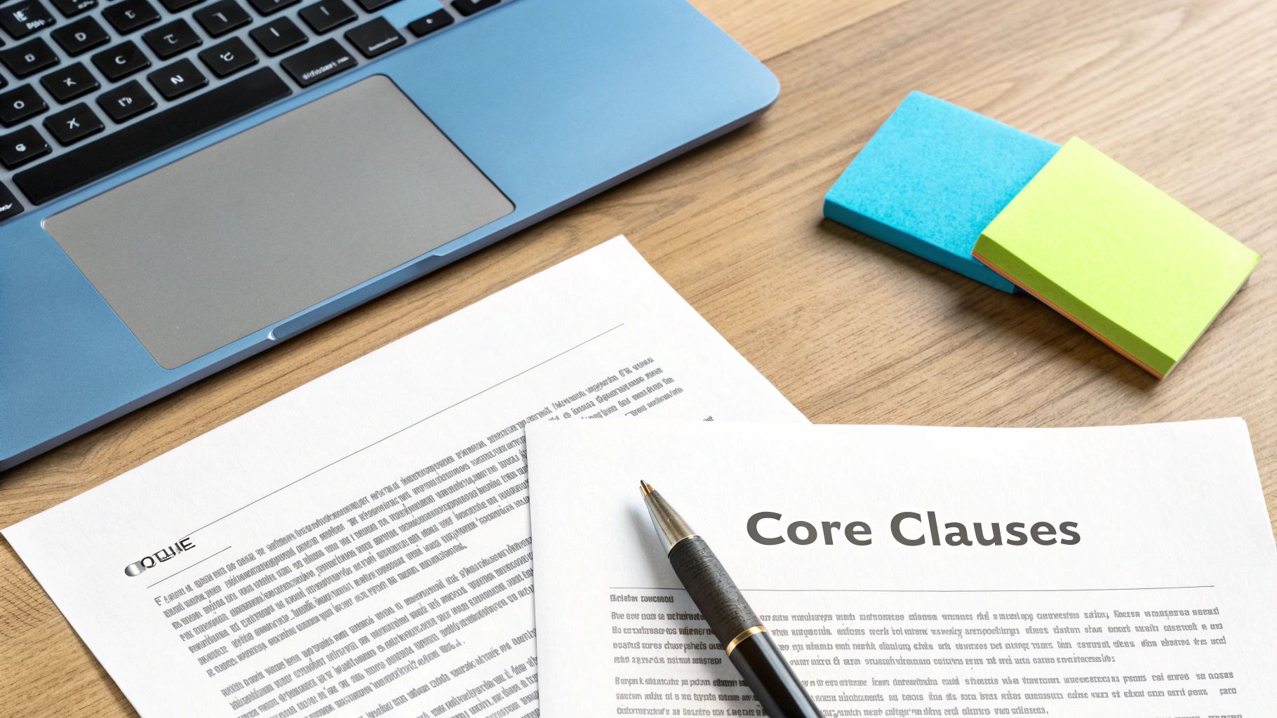 Flat lay of a professional desk with a laptop, documents, pen, and colorful sticky notes.