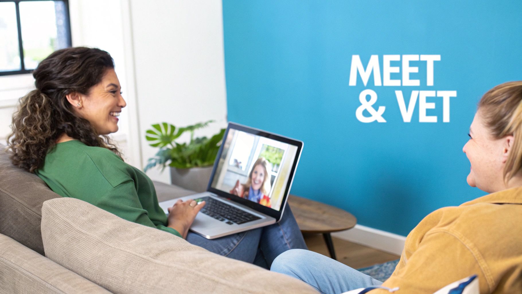 Two women having a video call on laptop discussing roommate arrangement in modern apartment