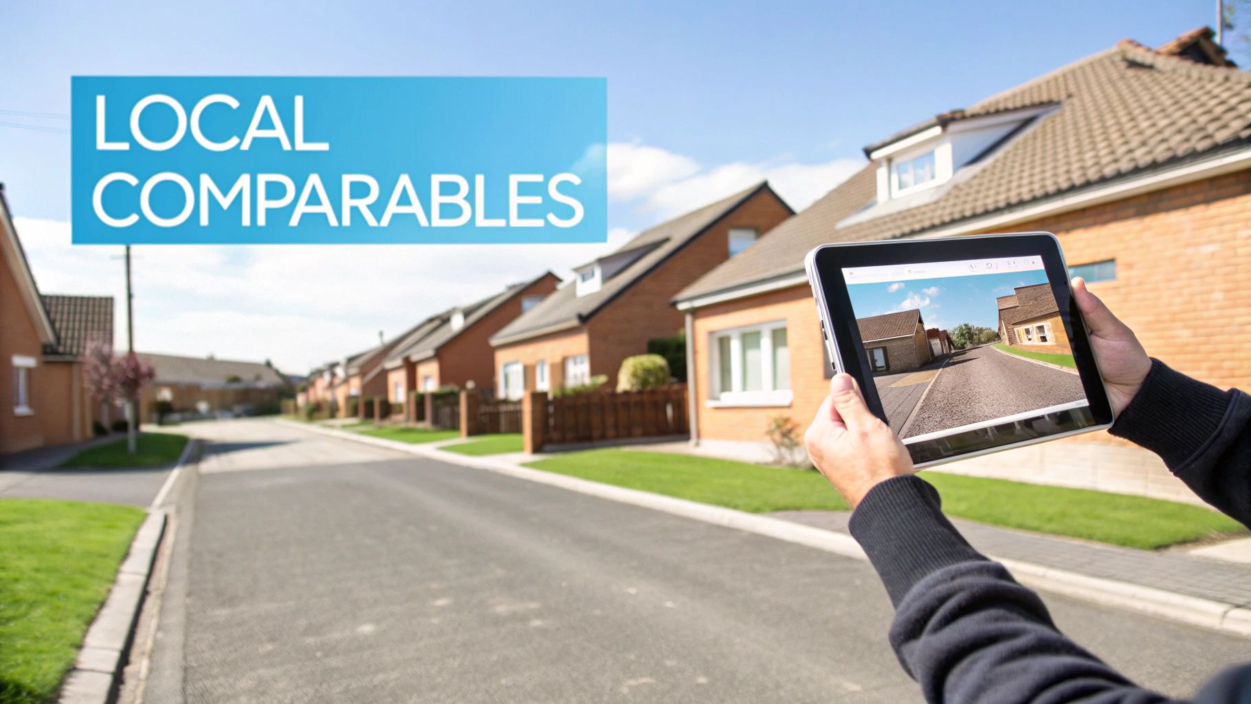 A person holds a tablet displaying houses, with real houses lining a street and a "LOCAL COMPARABLES" sign.