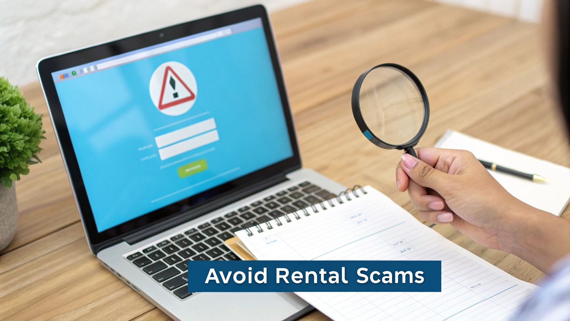 Person investigates potential rental scams on a laptop with a warning sign, using a magnifying glass and notebook.