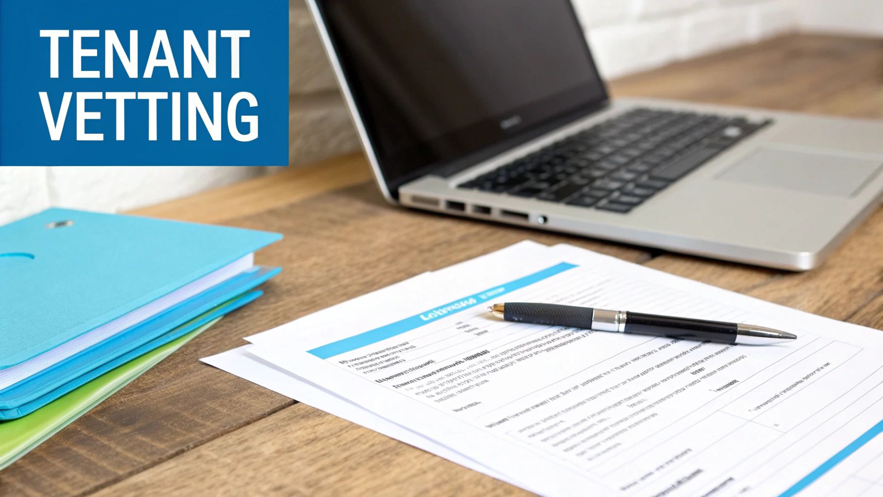 A private landlord sitting at a desk, carefully reviewing tenant application forms and documents.