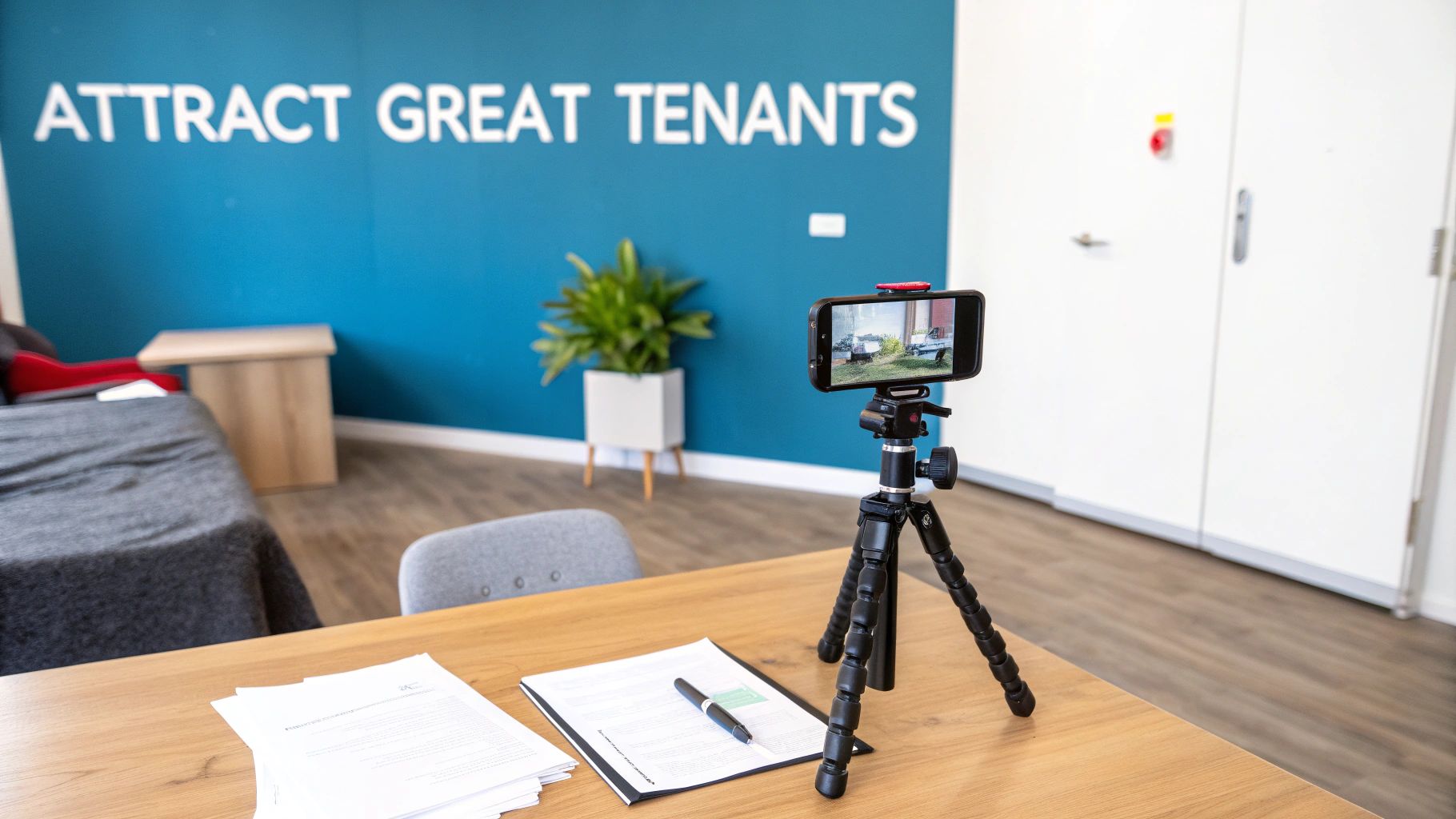 A smartphone on a tripod records a video in a room with "ATTRACT GREAT TENANTS" on a blue wall.