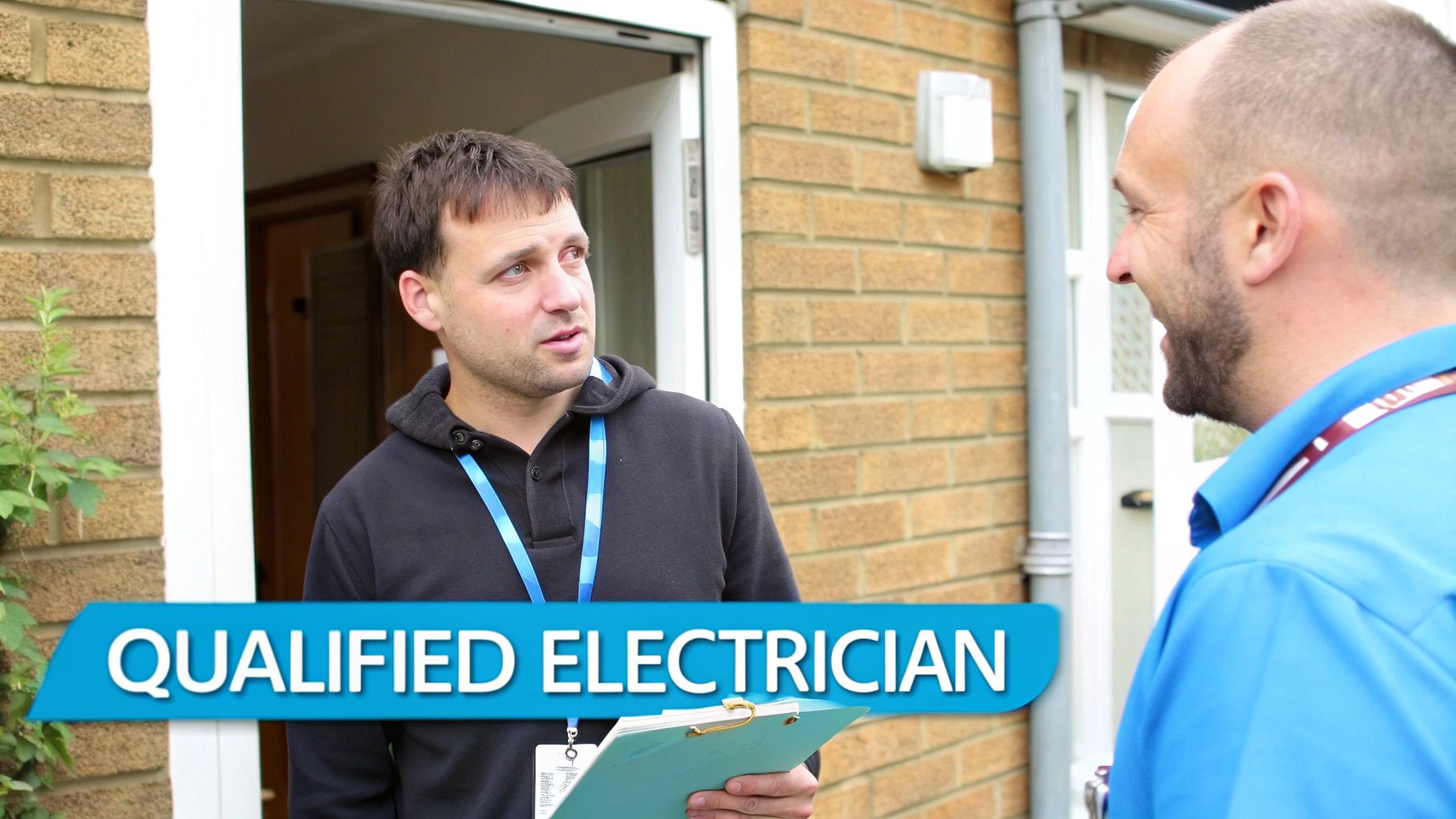 A qualified electrician discusses electrical safety with a homeowner at the entrance of a brick house.