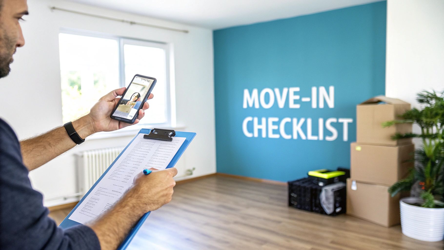 Man holding phone and move-in checklist in an empty room with moving boxes.