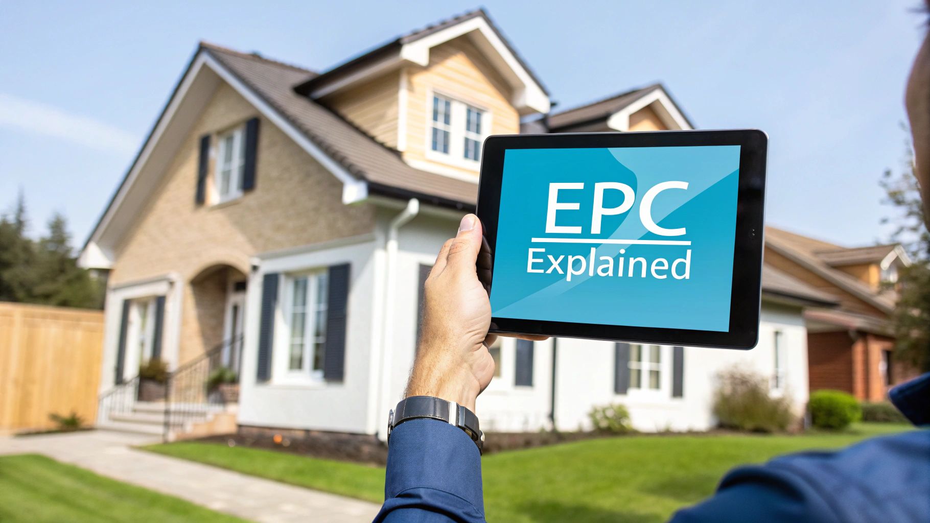 A hand holds a tablet displaying 'EPC Explained' in front of a blurred house.