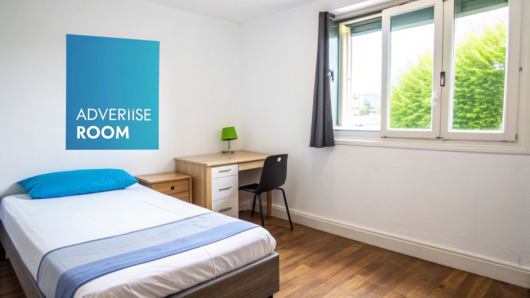 A bright and minimalist bedroom featuring a single bed with a blue pillow, a wooden desk, and a window.