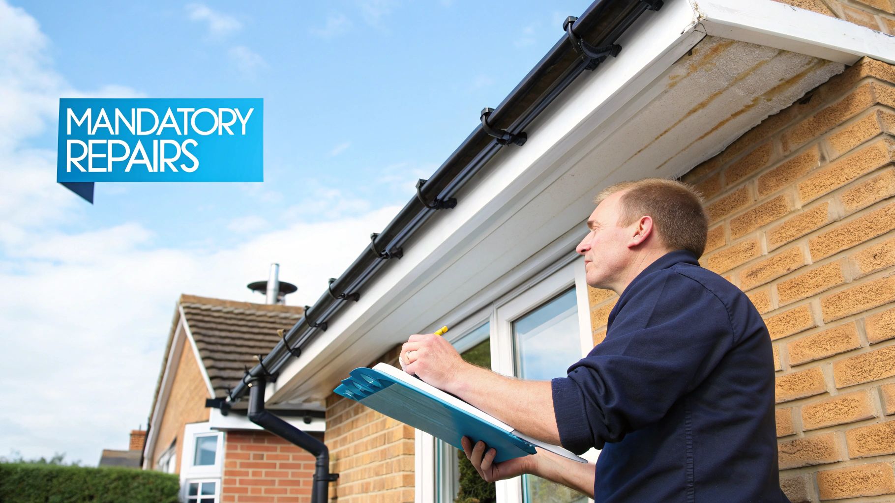 A man inspects house gutters and fascia, writing on a clipboard, with a 'MANDATORY REPAIRS' text bubble.