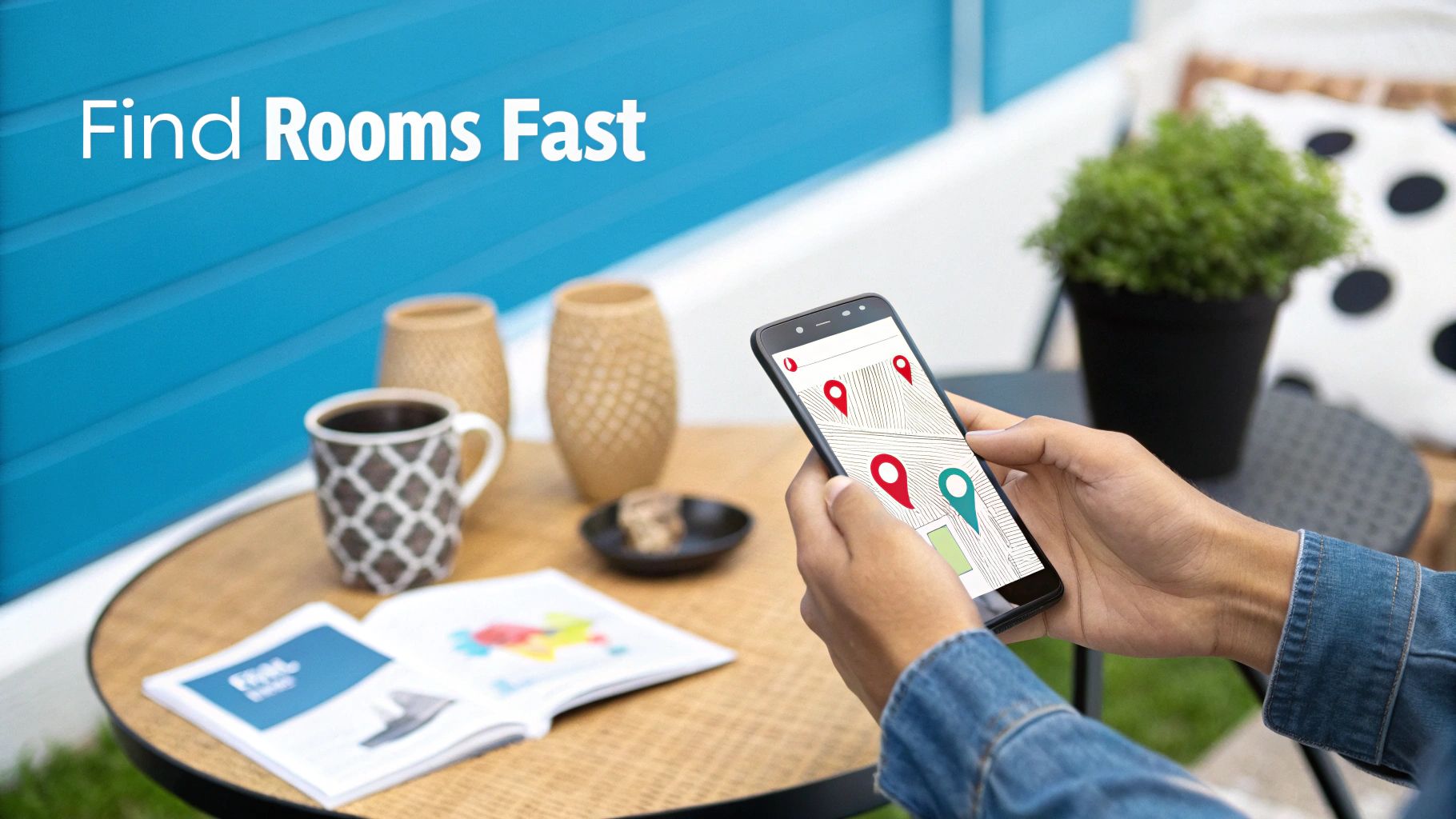 Person uses a smartphone map app with location pins to find rooms fast, sitting at an outdoor table.