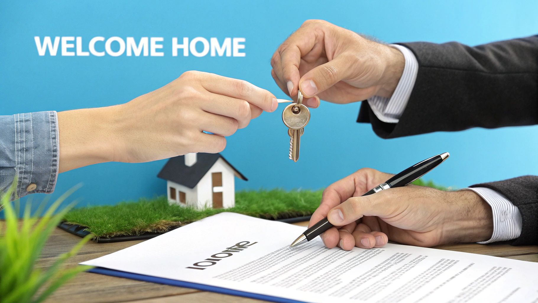 A homeowner hands a set of keys to a new lodger, both smiling, with a signed agreement on the table between them.