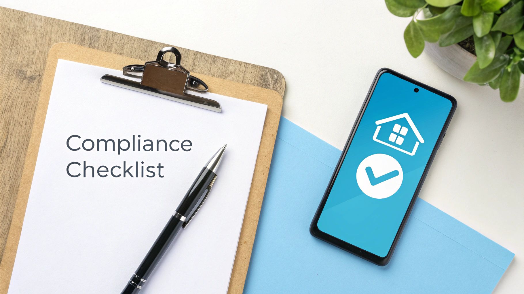 A 'Compliance Checklist' on a clipboard with a pen, next to a smartphone showing house and checkmark icons.