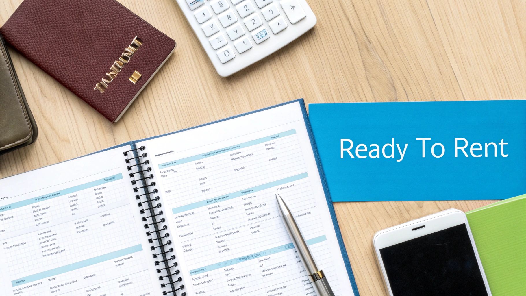 Overhead view of a desk with a passport, calculator, open notebook, pen, smartphone, and a folder titled 'Ready To Rent'.