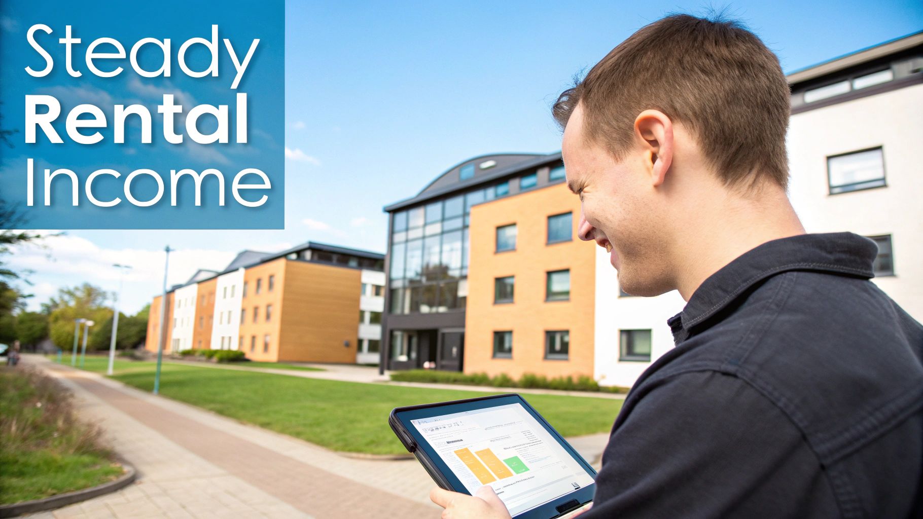 Man smiling at tablet showing data, with modern student accommodation and "Steady Rental Income" text.