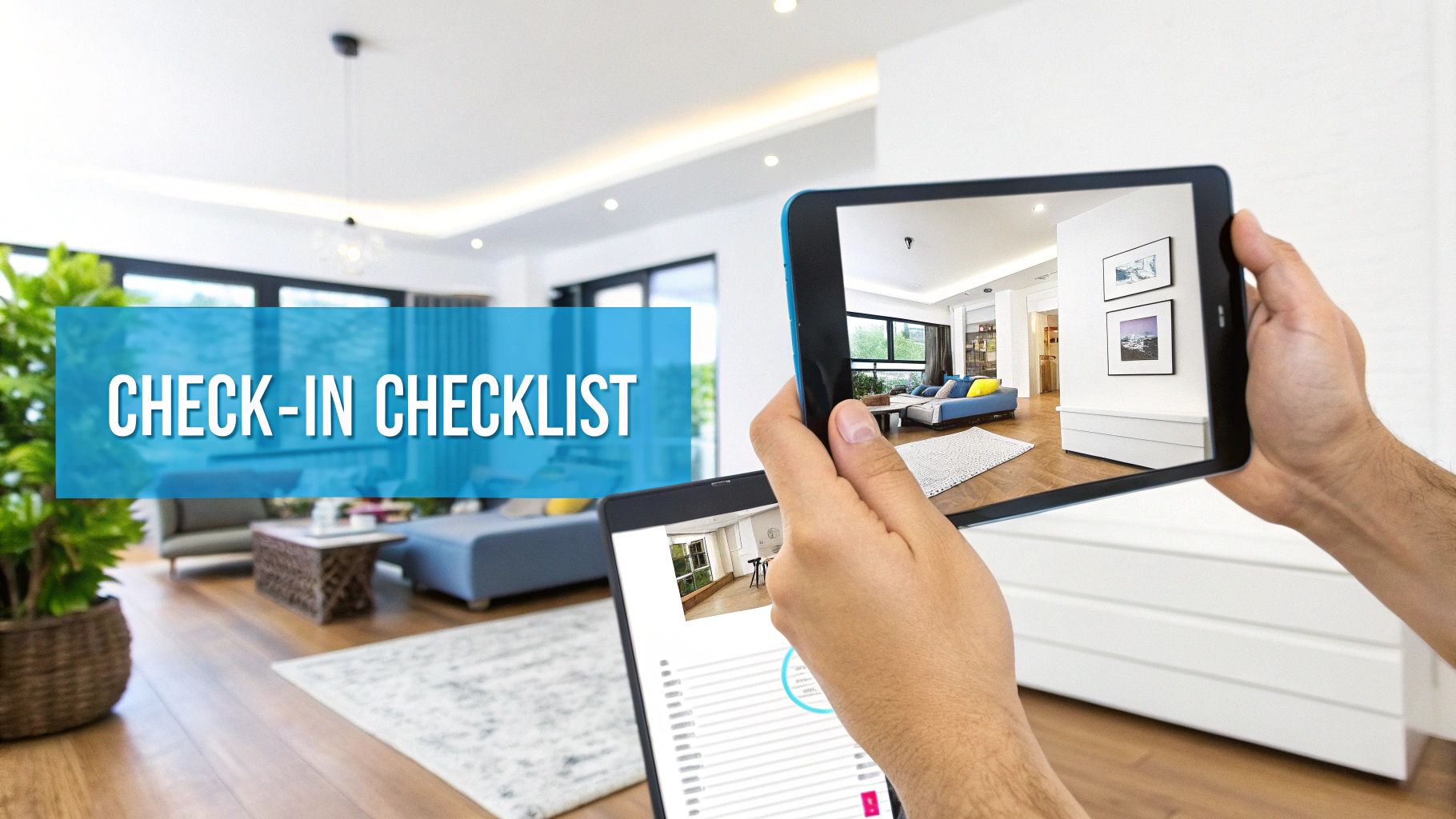 Hands holding tablets showing a virtual property tour and a digital check-in checklist for a modern home.