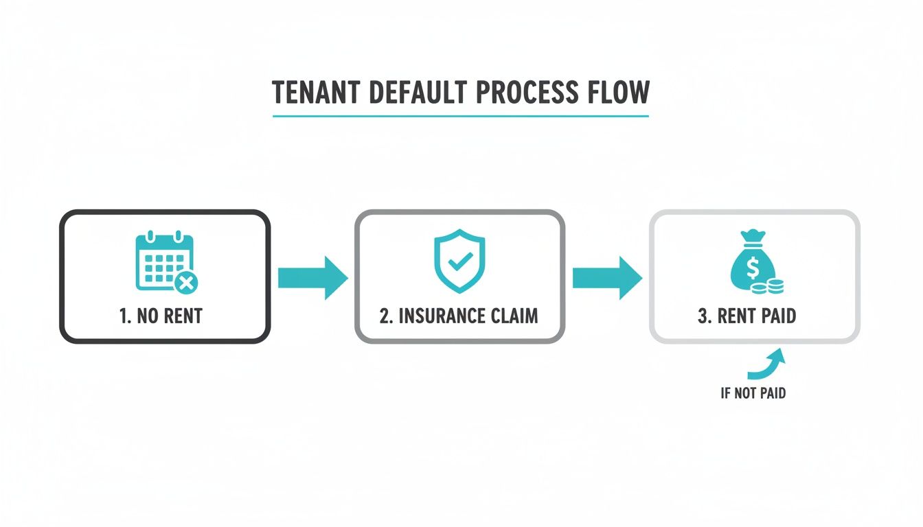 Diagram illustrating tenant default process flow: no rent, insurance claim, and rent paid.