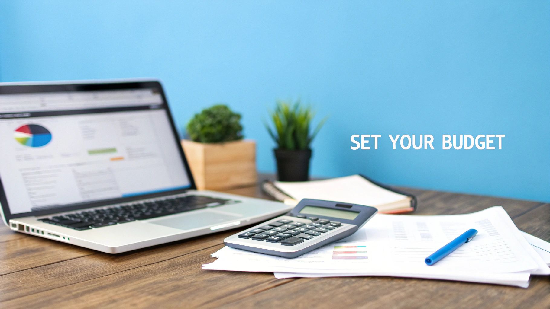 A person sitting at a desk with a laptop, calculator, and notepad, planning a budget