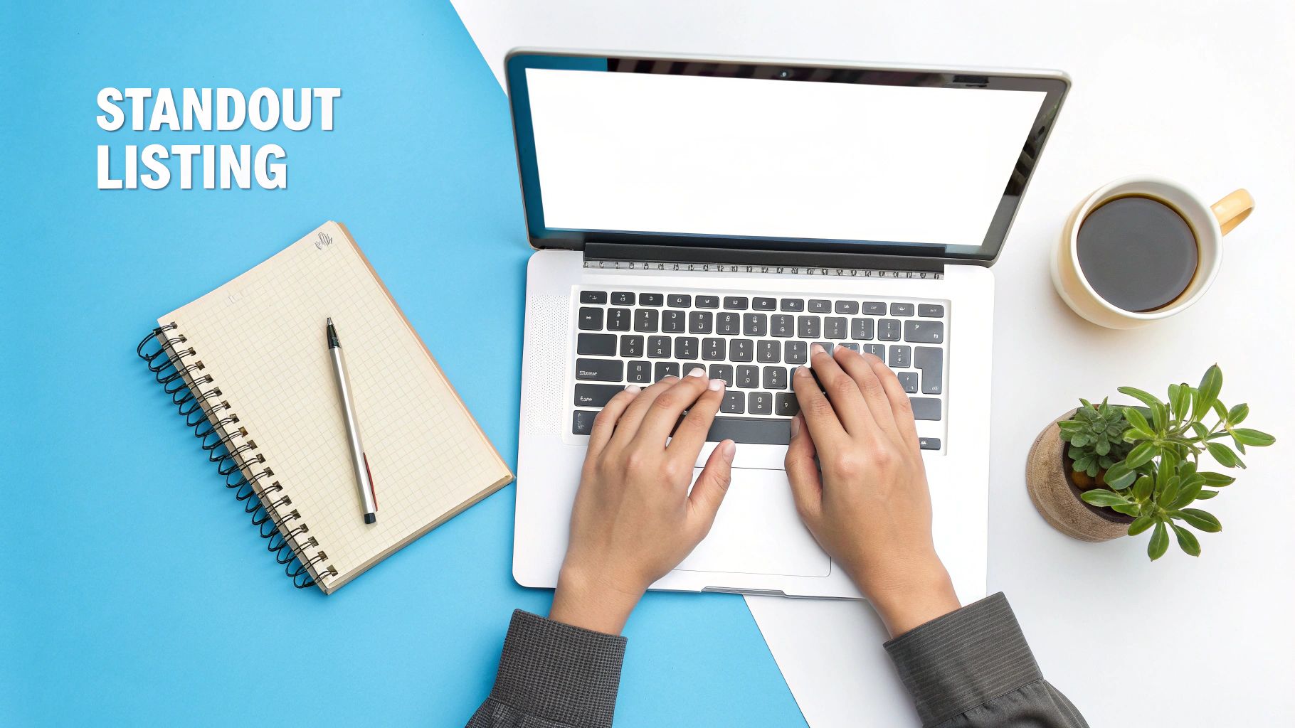 A person sitting at a modern desk, writing in a notebook with a laptop open, crafting a room rental advert.