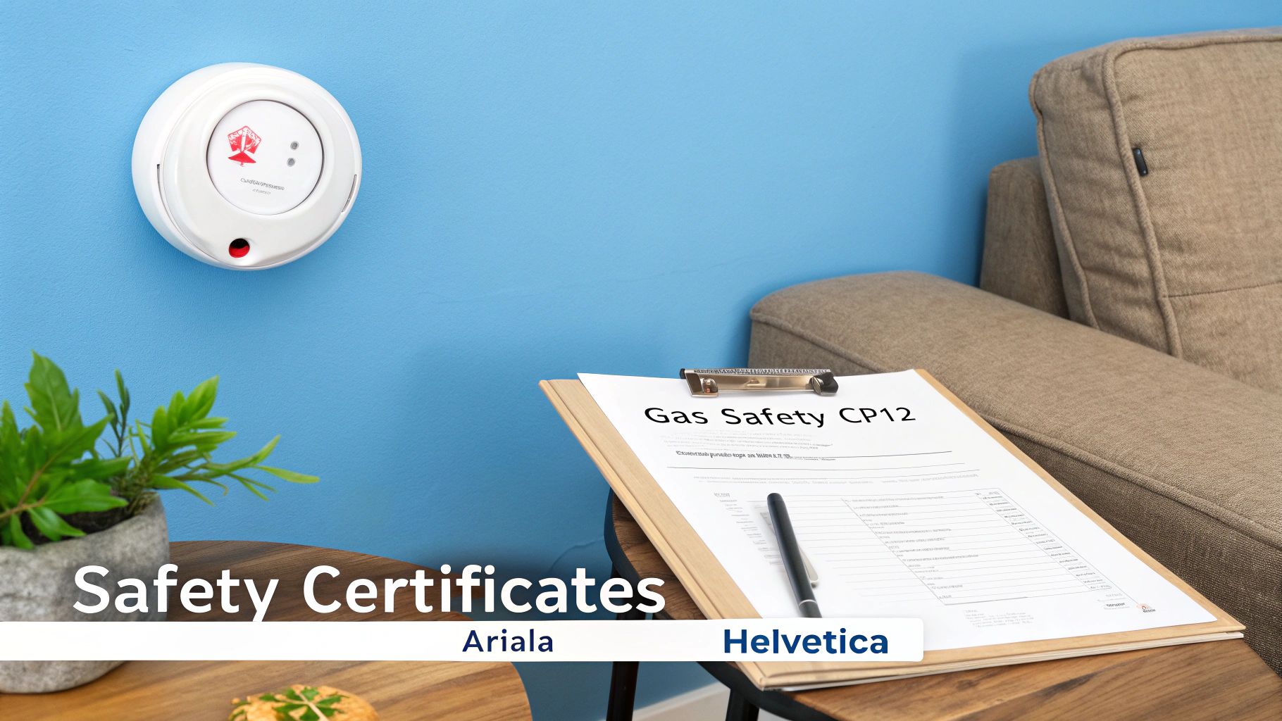 A gas safety certificate on a clipboard with a pen, next to a smoke detector on a blue wall.