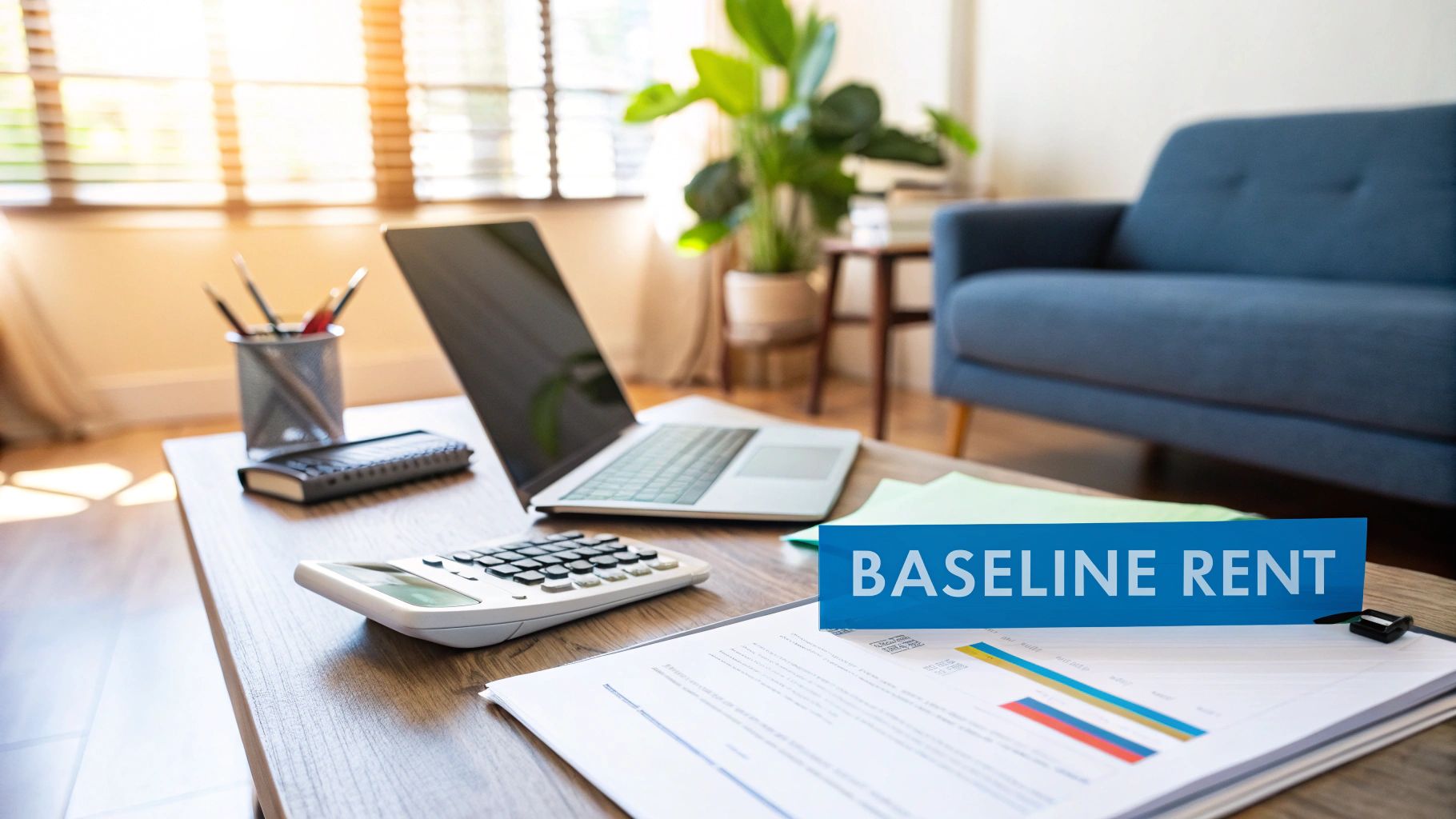 A home office scene with a laptop, calculator, documents, and a 'BASELINE RENT' sign on a table.