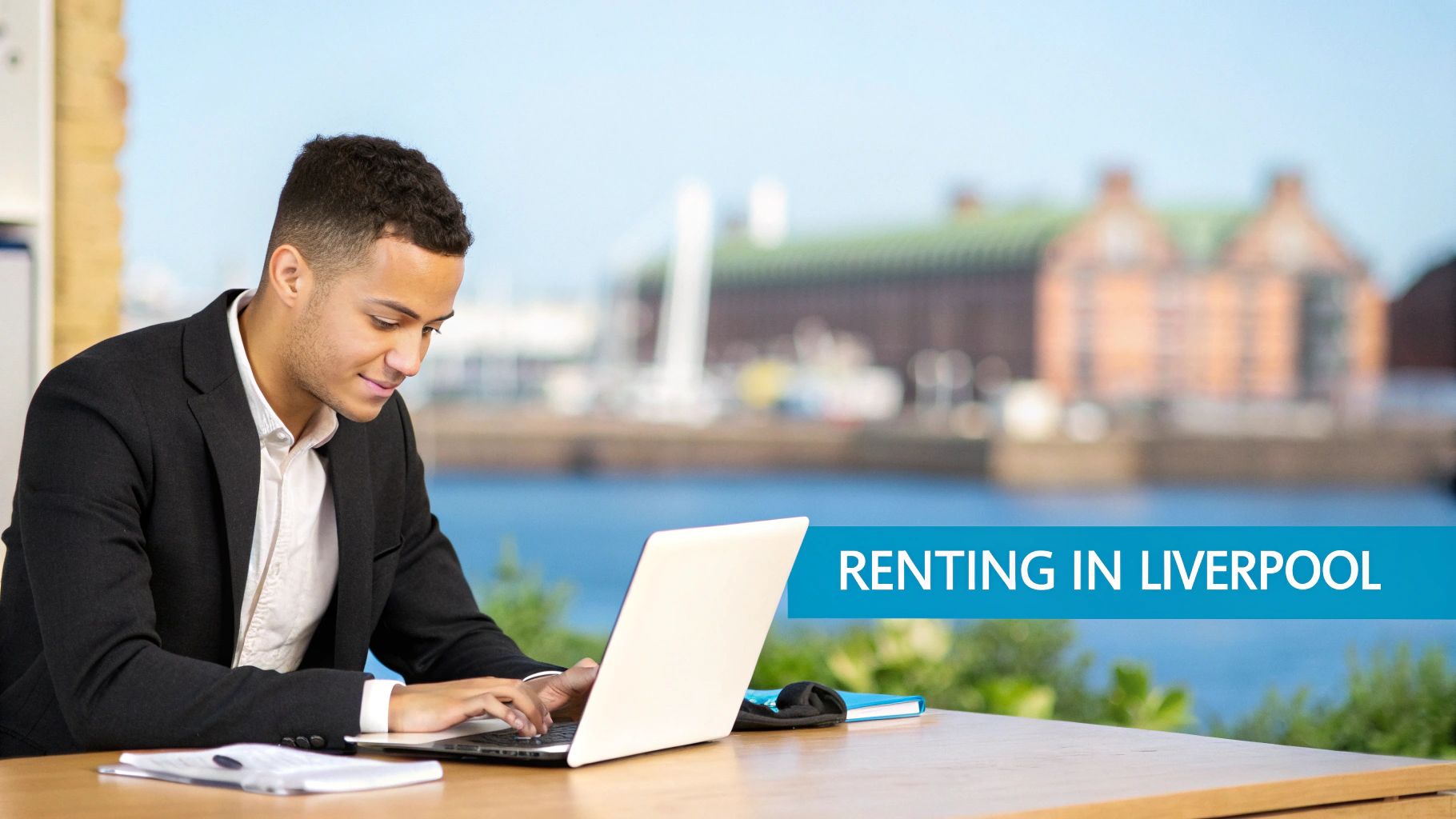 Young professional man working on a laptop, with a 'Renting in Liverpool' banner and waterfront city background.