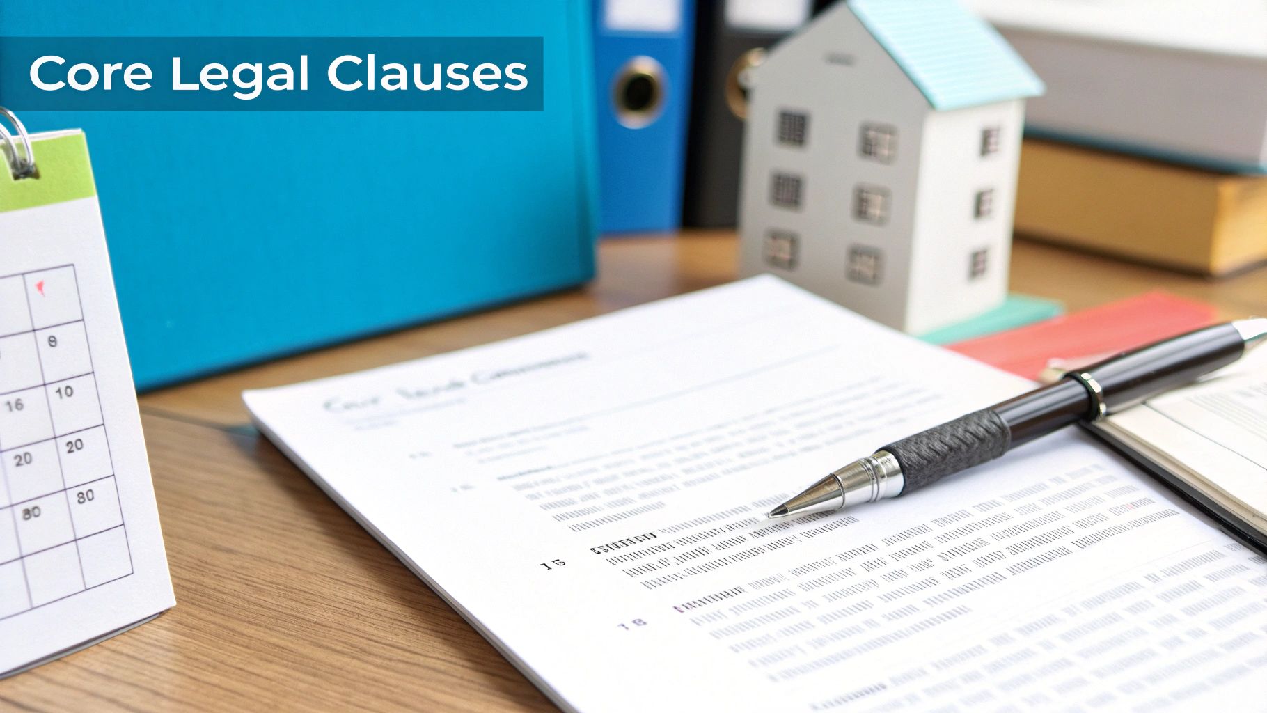 A desk with legal documents, a pen, a calendar, a miniature house, and binders, with text 'Core Legal Clauses'.