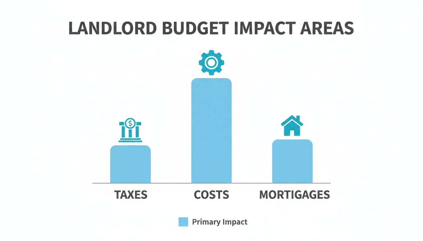 Bar chart illustrating landlord budget impact areas: taxes, costs, and mortgages, with costs having the highest impact.