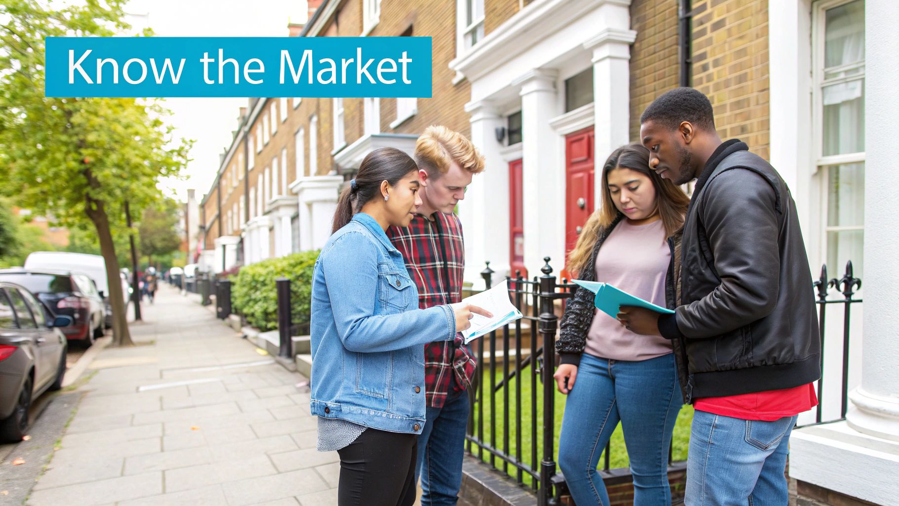 Diverse group of young adults discussing documents and housing information on a London street.