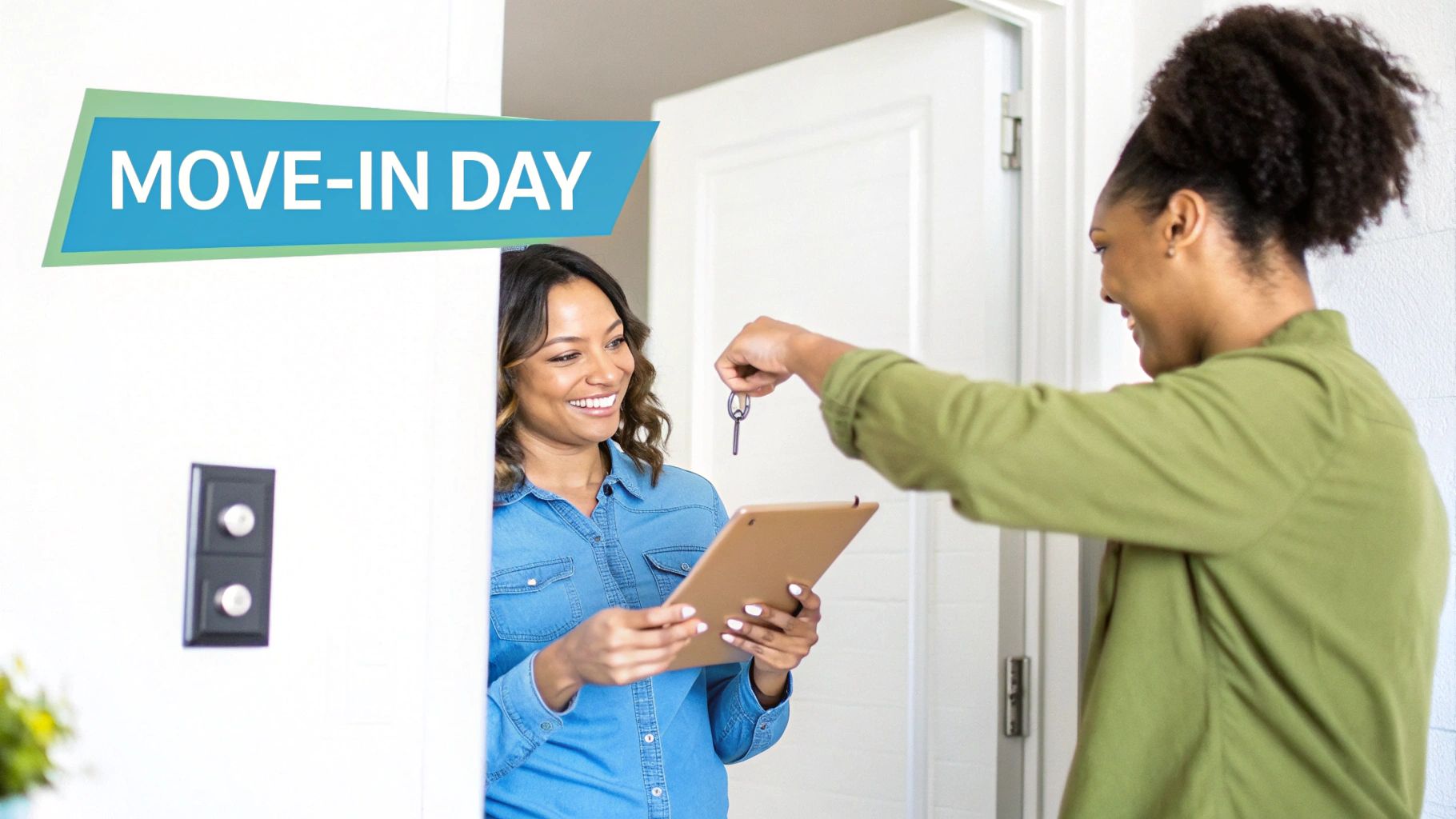 A smiling woman holding a tablet receives keys from another woman on move-in day.