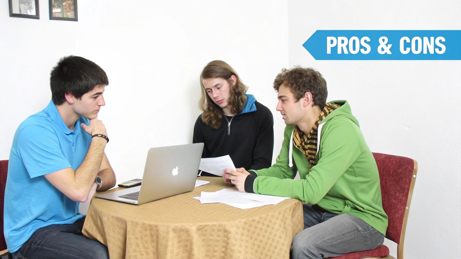 Three young men discussing at a table with a laptop and papers, under a "PROS & CONS" banner.