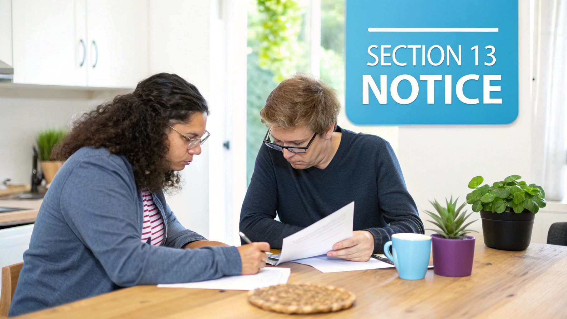 Two people at a wooden table review a 'Section 13 Notice' document, one writing and one reading.