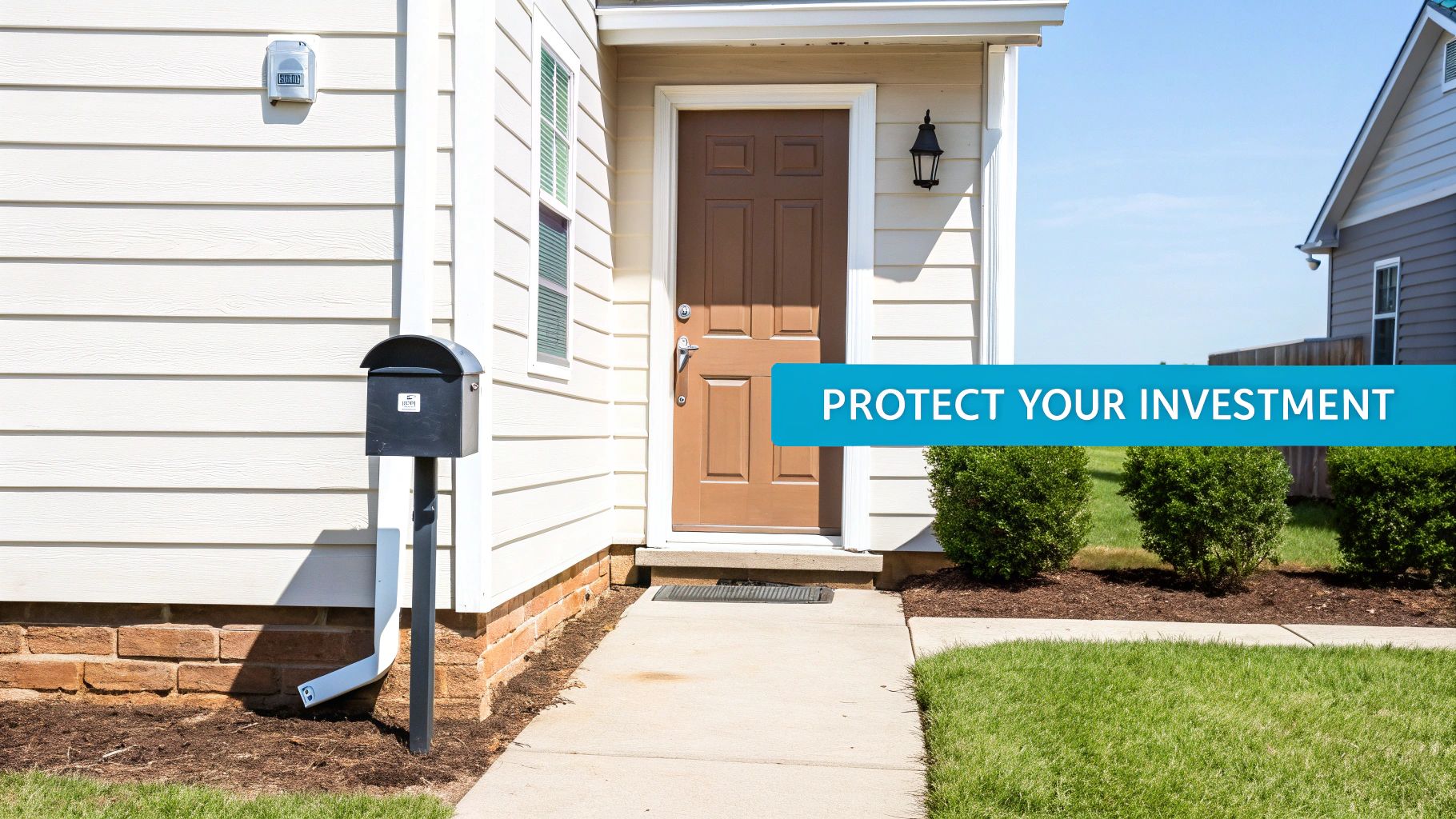 Front of a house with a brown door, mailbox, sidewalk, and green lawn, featuring a 'PROTECT YOUR INVESTMENT' banner.
