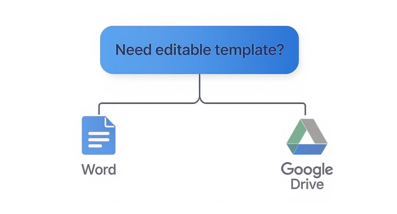 A diagram showing options for an editable template: Microsoft Word or Google Drive.
