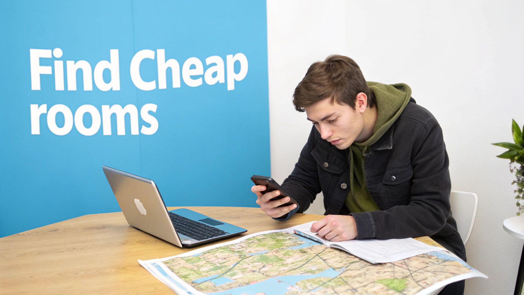 A young man uses his phone, laptop, and map to plan travel, with "Find Cheap rooms" on the wall.