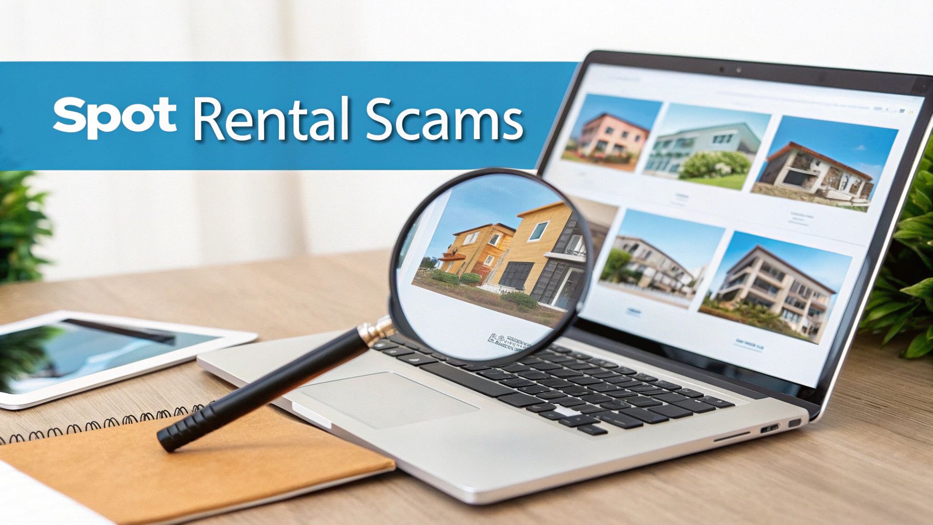 Magnifying glass on a laptop screen displaying rental property listings, titled 'Spot Rental Scams'.