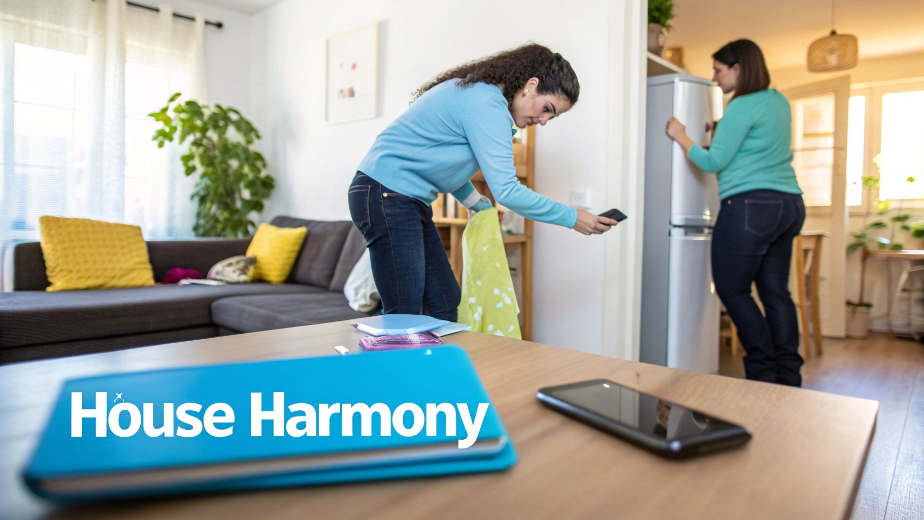 A group of happy young people socialising in a modern, shared living room.