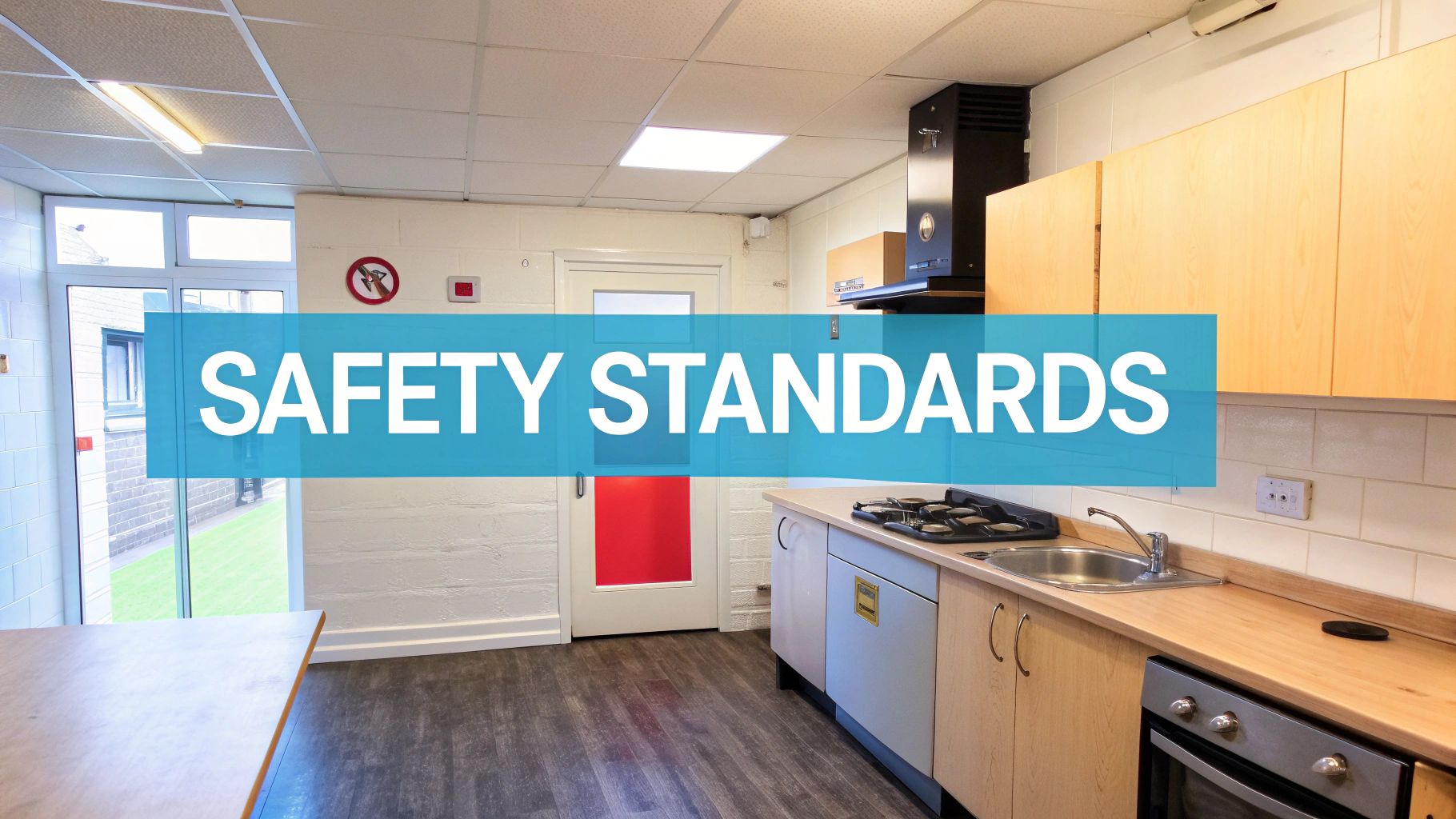 A clean kitchen in a multi-occupation house, featuring a counter, sink, stove, and cabinets with a 'Safety Standards' overlay.