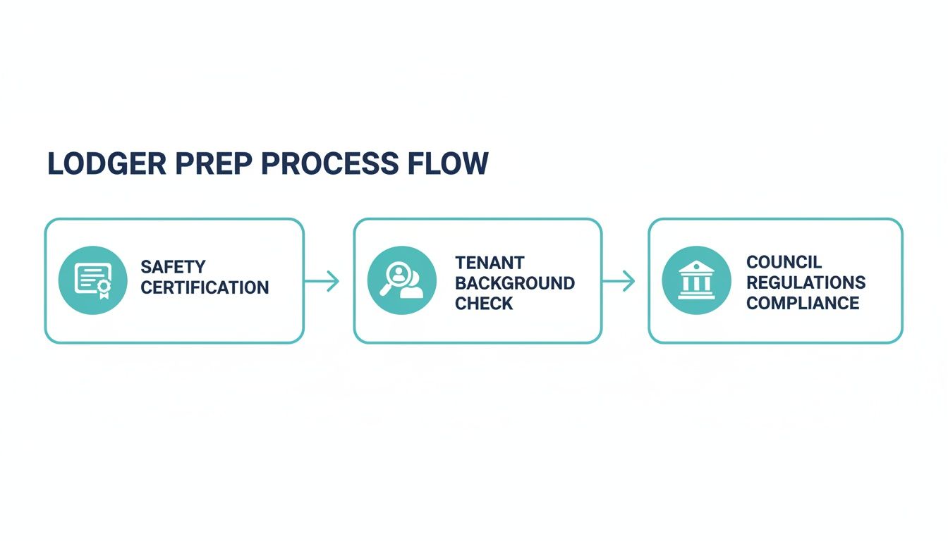 A process flow diagram outlining steps for lodger preparation, including safety certification, tenant background check, and council regulations compliance.