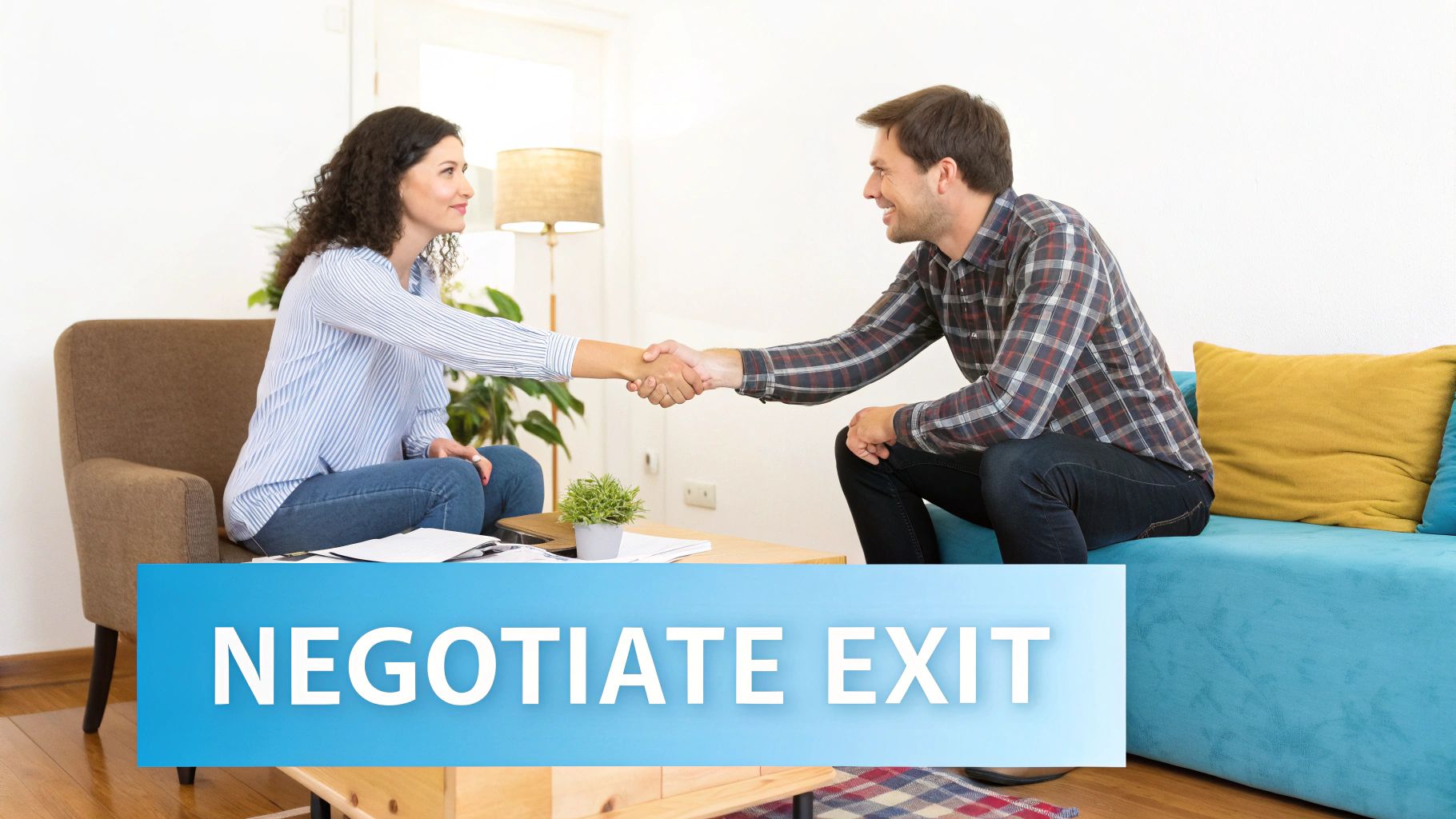 A man and woman shake hands in a bright room, symbolizing an agreement or negotiation, with "NEGOTIATE EXIT" text.