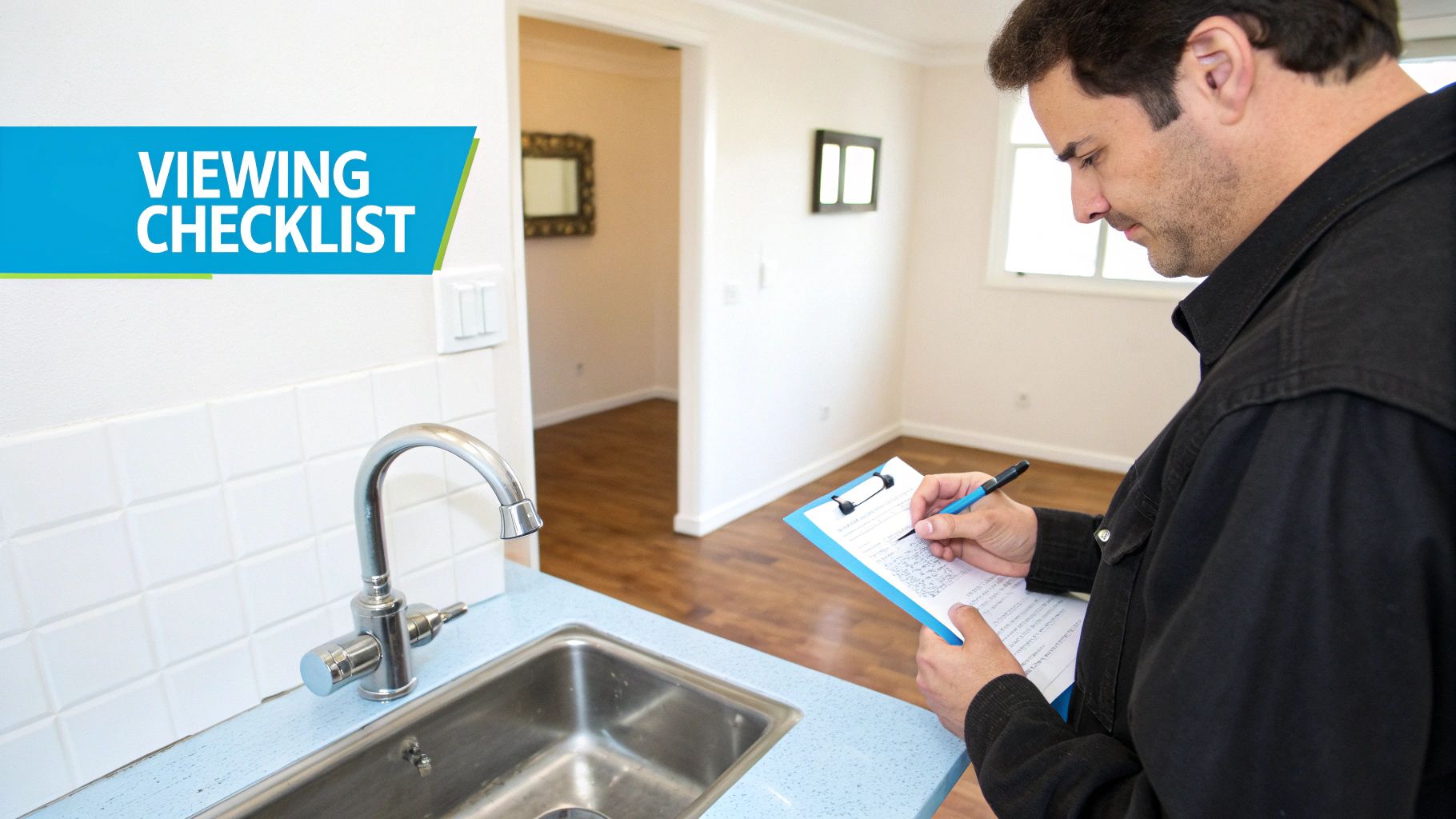 A man uses a pen to fill out a viewing checklist on a clipboard inside a property.