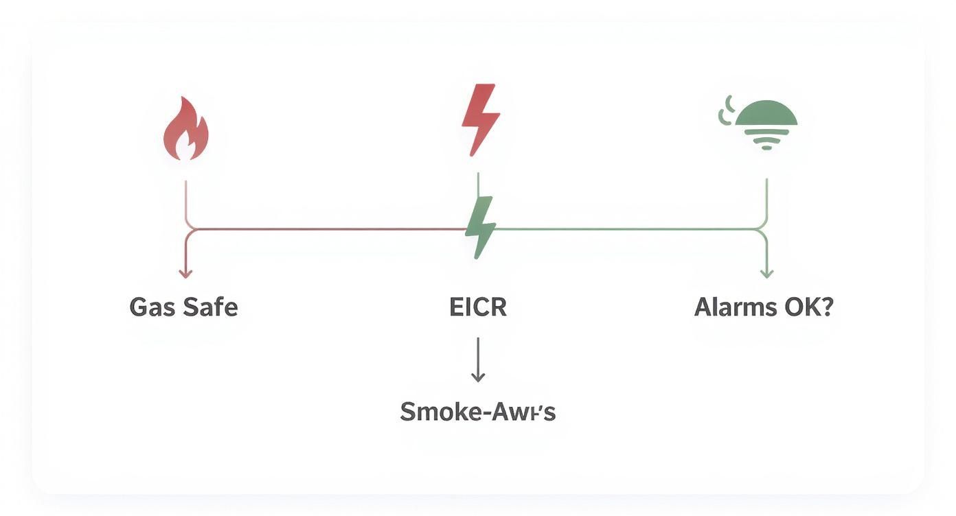 Flowchart illustrating landlord safety requirements for gas, electrical, and smoke alarms.