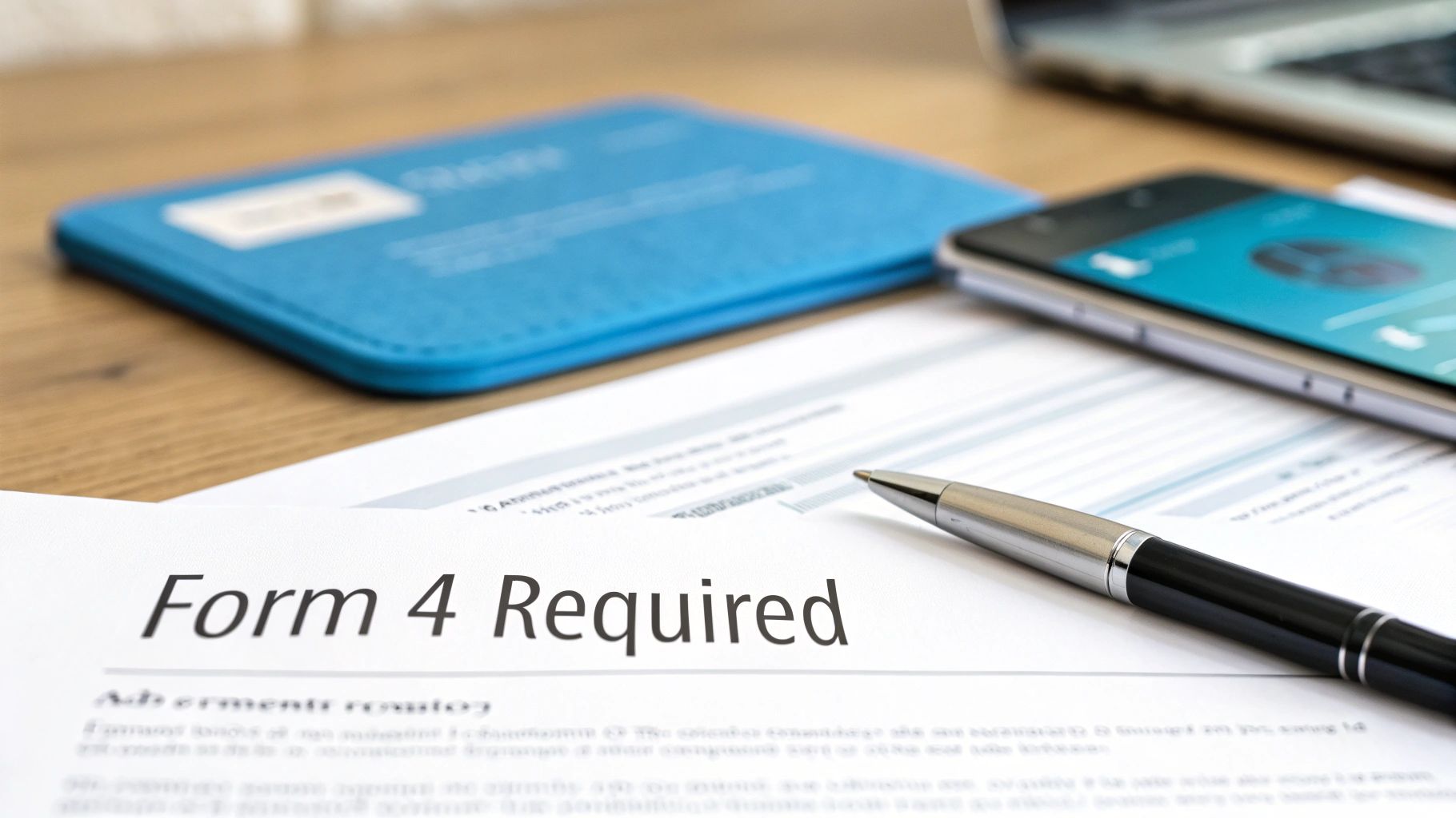Close-up of a document titled 'Form 4 Required' on a desk with a pen and smartphone.